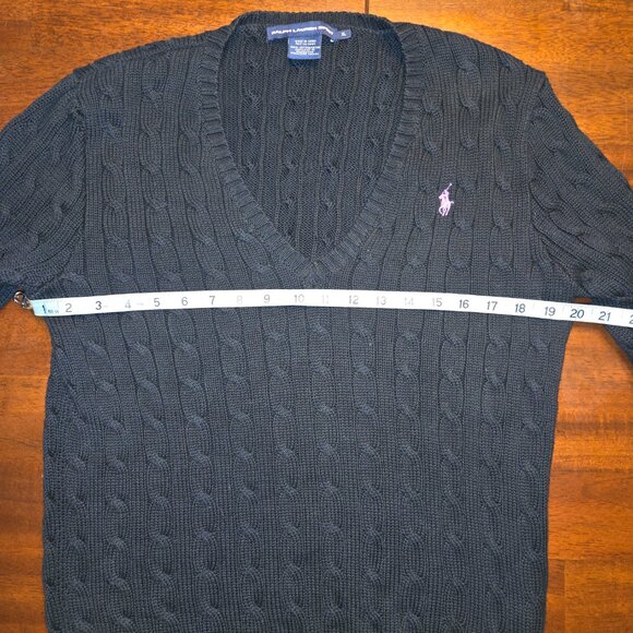 Ralph Lauren Sport Cable Knit V-Neck Sweater XL Black Cotton Purple Pony Classic - Picture 4 of 5